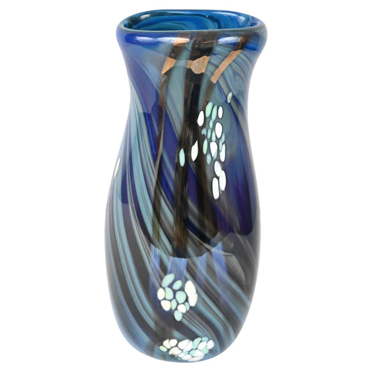 Mid-Century Art Glass Flower Vase Signed Swispot, Blue and White Art Glass Vase