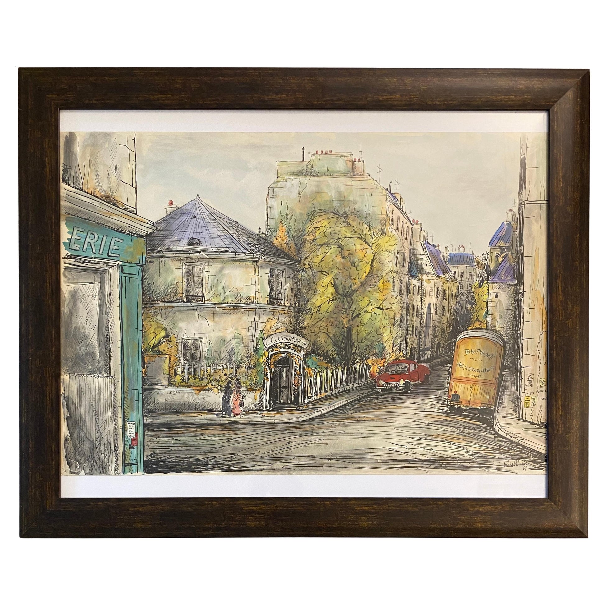 Paris Street Scene Drawing, Le Clos Du Moulin Paris Drawing & Colored Ink
