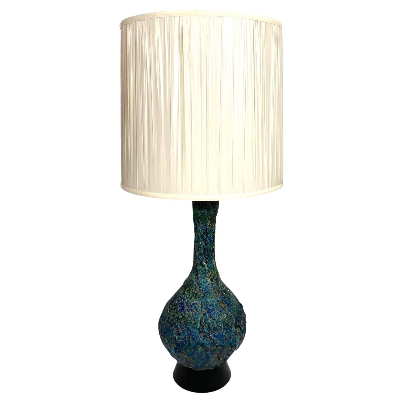 Large Mid-Century Ceramic Table Lamp Blue and Beige