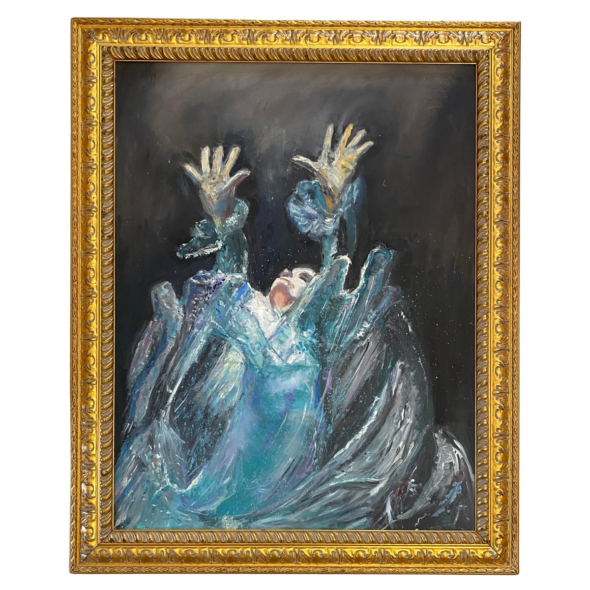 Large Painting Woman in the Sea, Blue Oil on Canvas