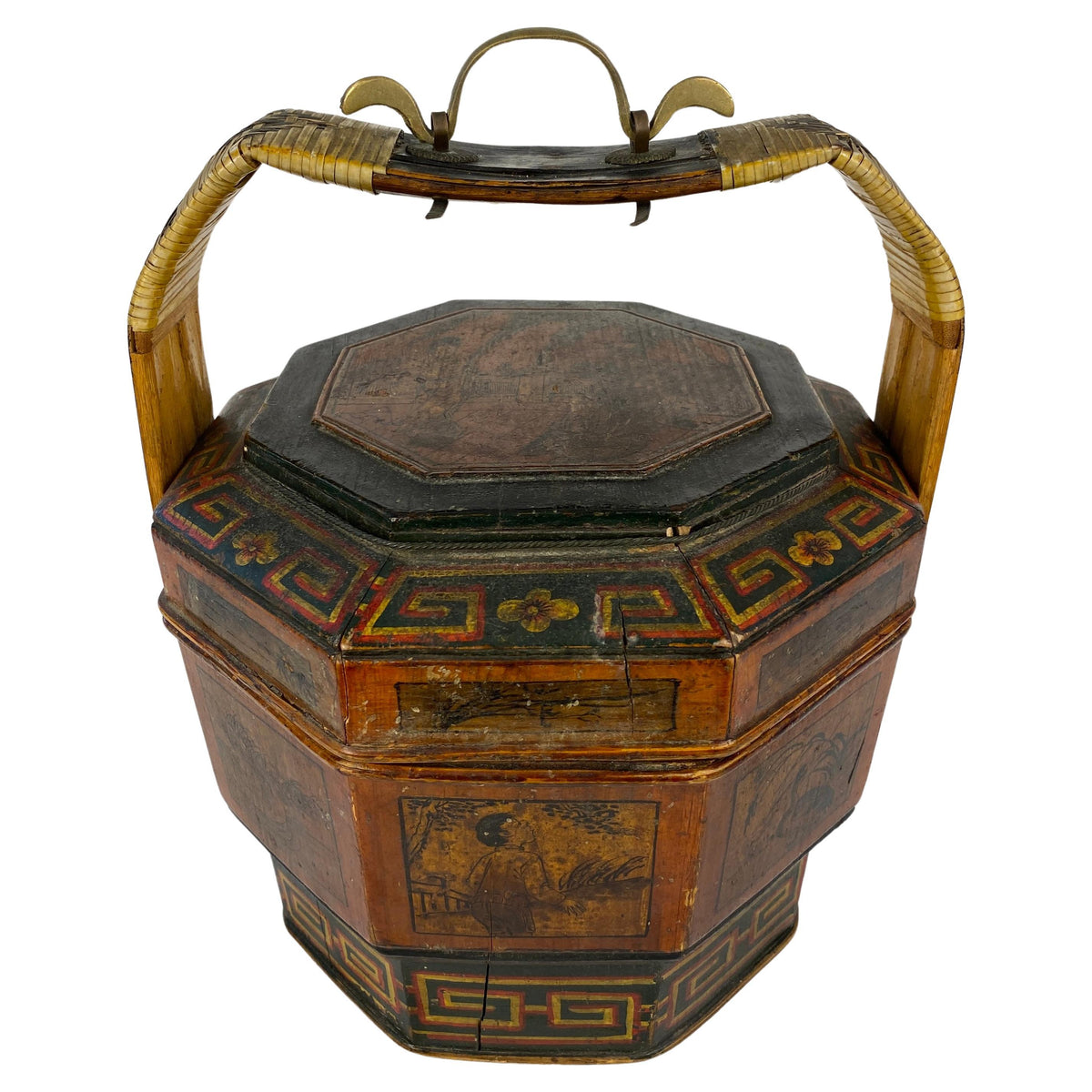 Antique Chinese Lunch Box with Carved Handle