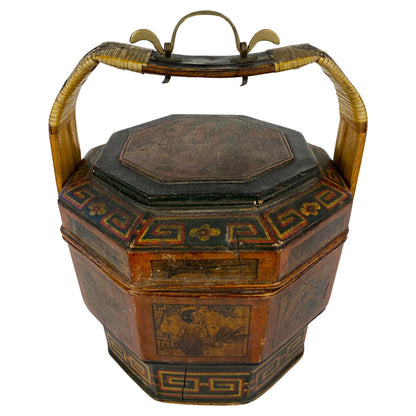 Antique Chinese Lunch Box with Carved Handle