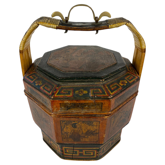 Antique Chinese Lunch Box with Carved Handle