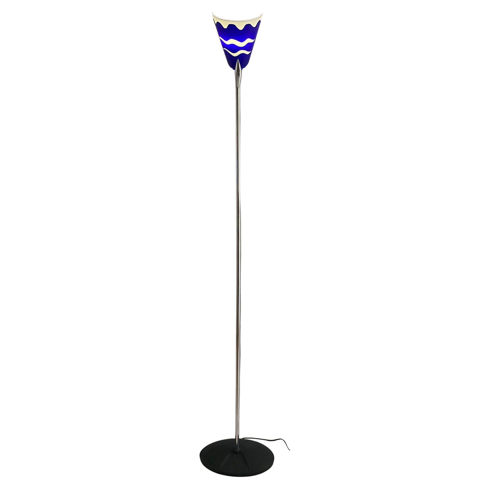 Modern French Polished Chrome Floor Lamp with Blue Shade by LG, Paris France