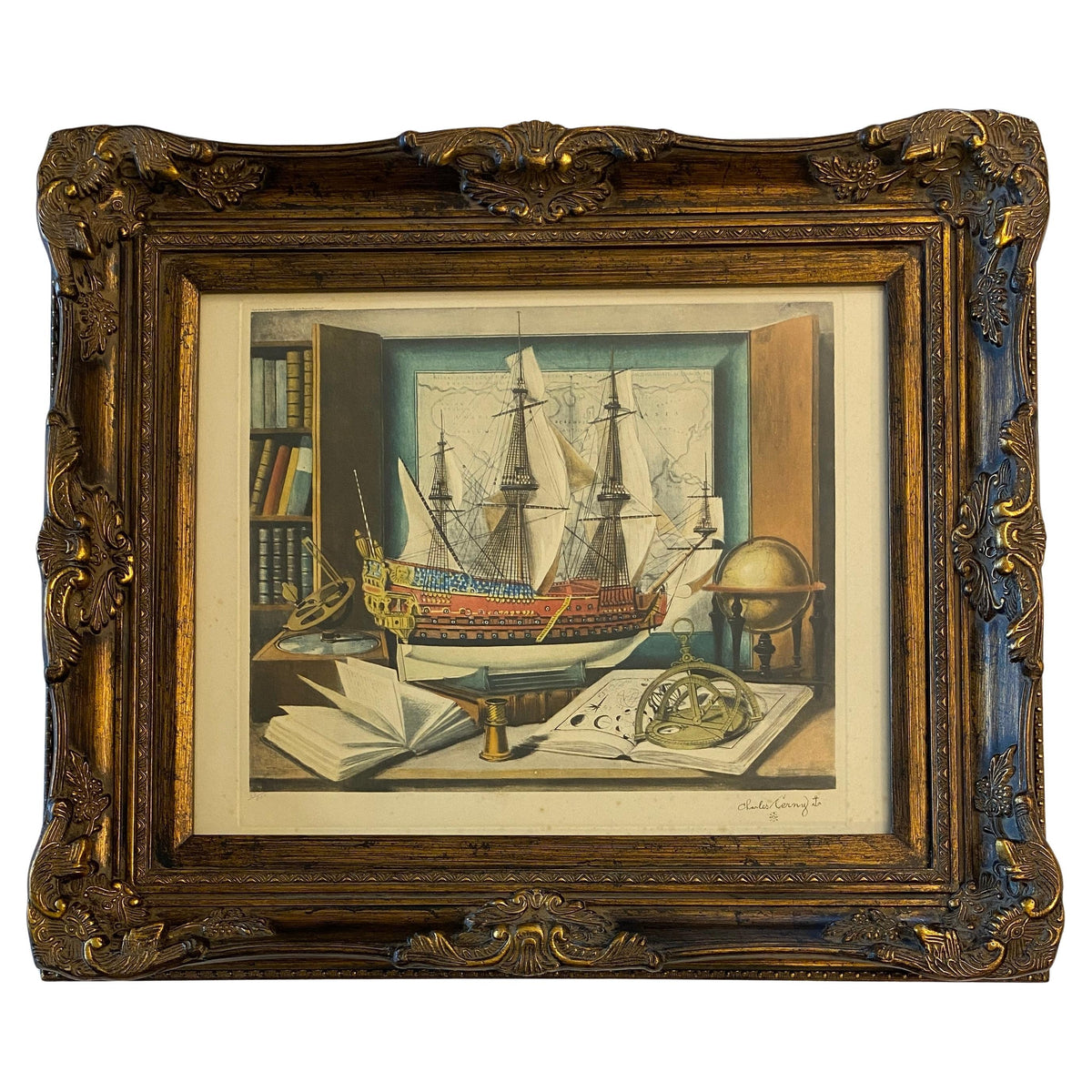Maritime Still Life with Sextant, Engraving or Color Lithograph by Charles Cerny