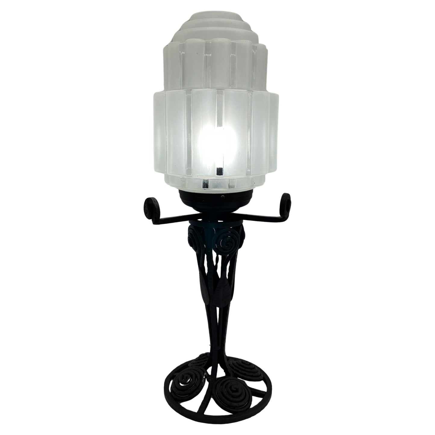 French Art Deco Table Lamp, Iron and Glass Art Deco Lamp — detail 2