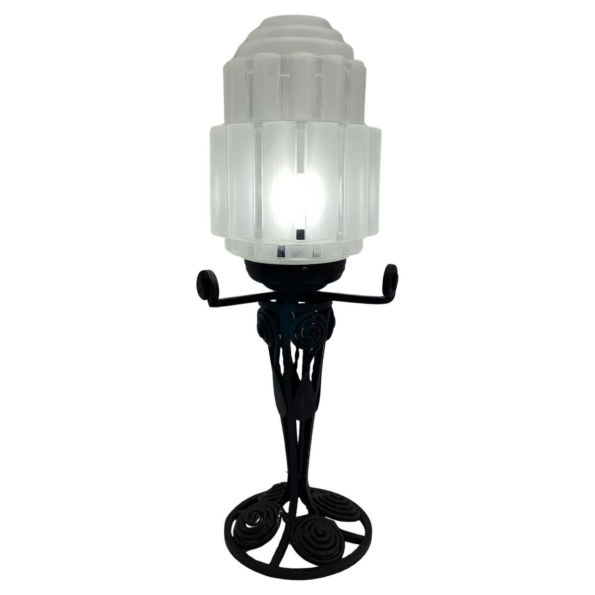 French Art Deco Table Lamp, Iron and Glass Art Deco Lamp — detail 2
