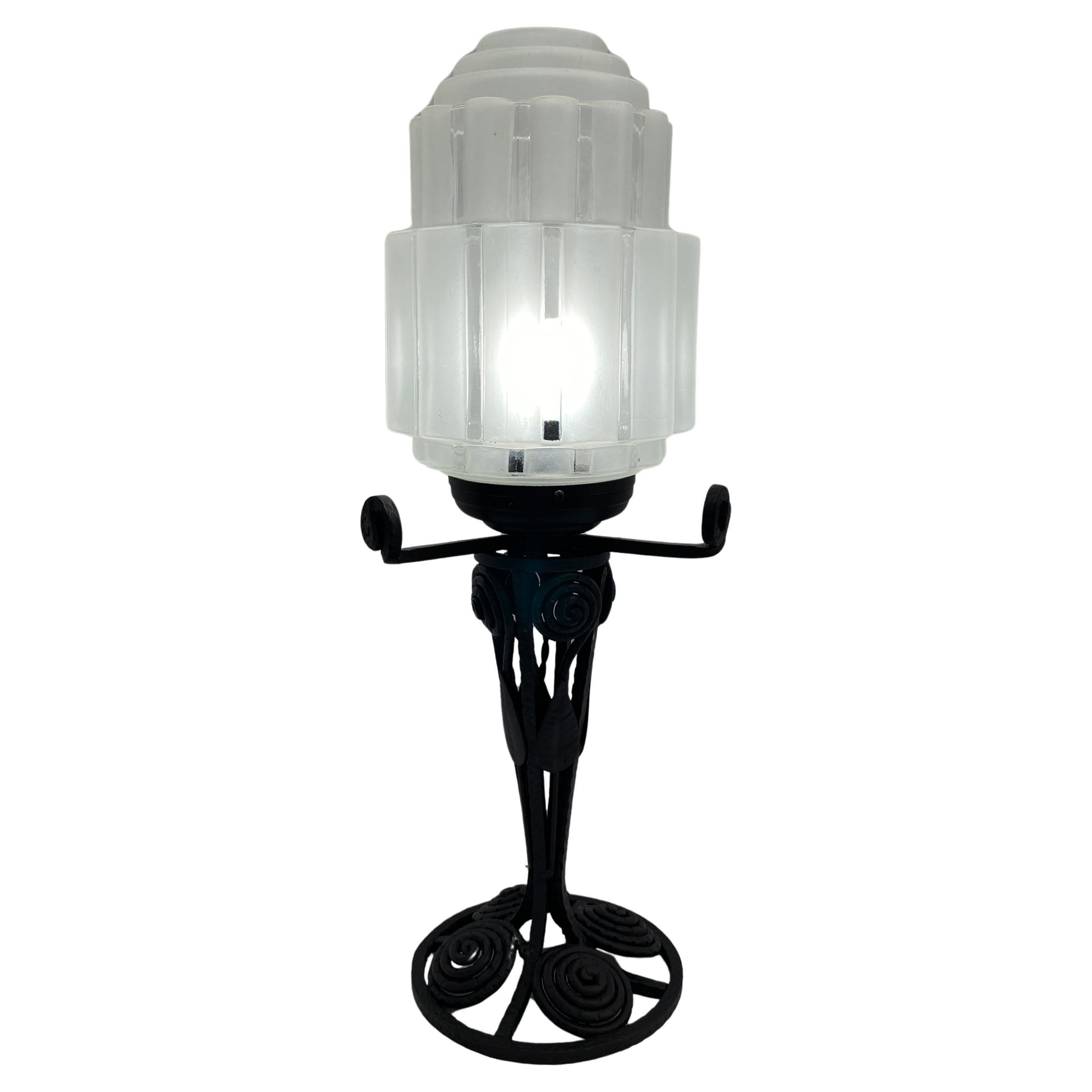 French Art Deco Table Lamp, Iron and Glass Art Deco Lamp — detail 2