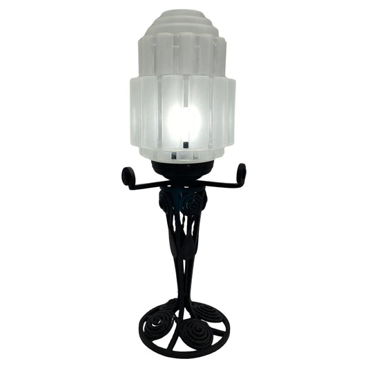 French Art Deco Table Lamp, Iron and Glass Art Deco Lamp — detail 2