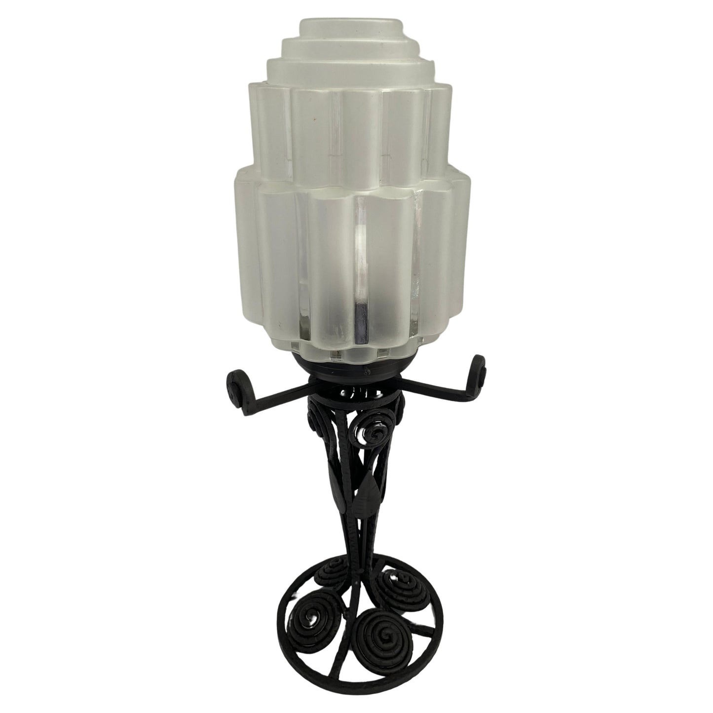 French Art Deco Table Lamp, Iron and Glass Art Deco Lamp