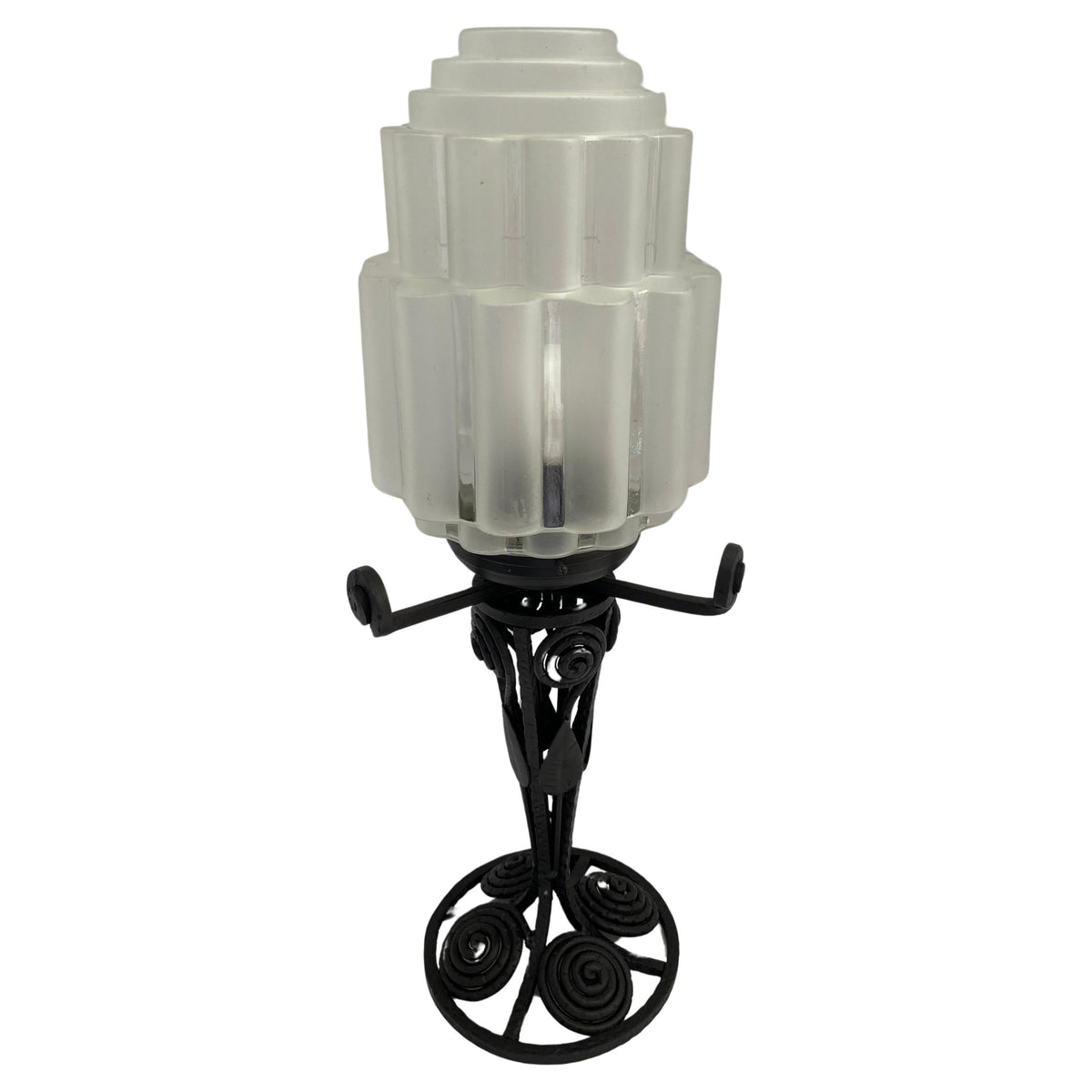 French Art Deco Table Lamp, Iron and Glass Art Deco Lamp