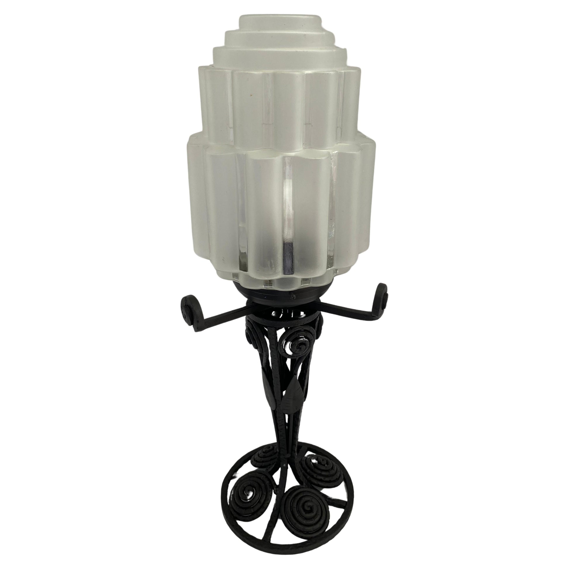 French Art Deco Table Lamp, Iron and Glass Art Deco Lamp