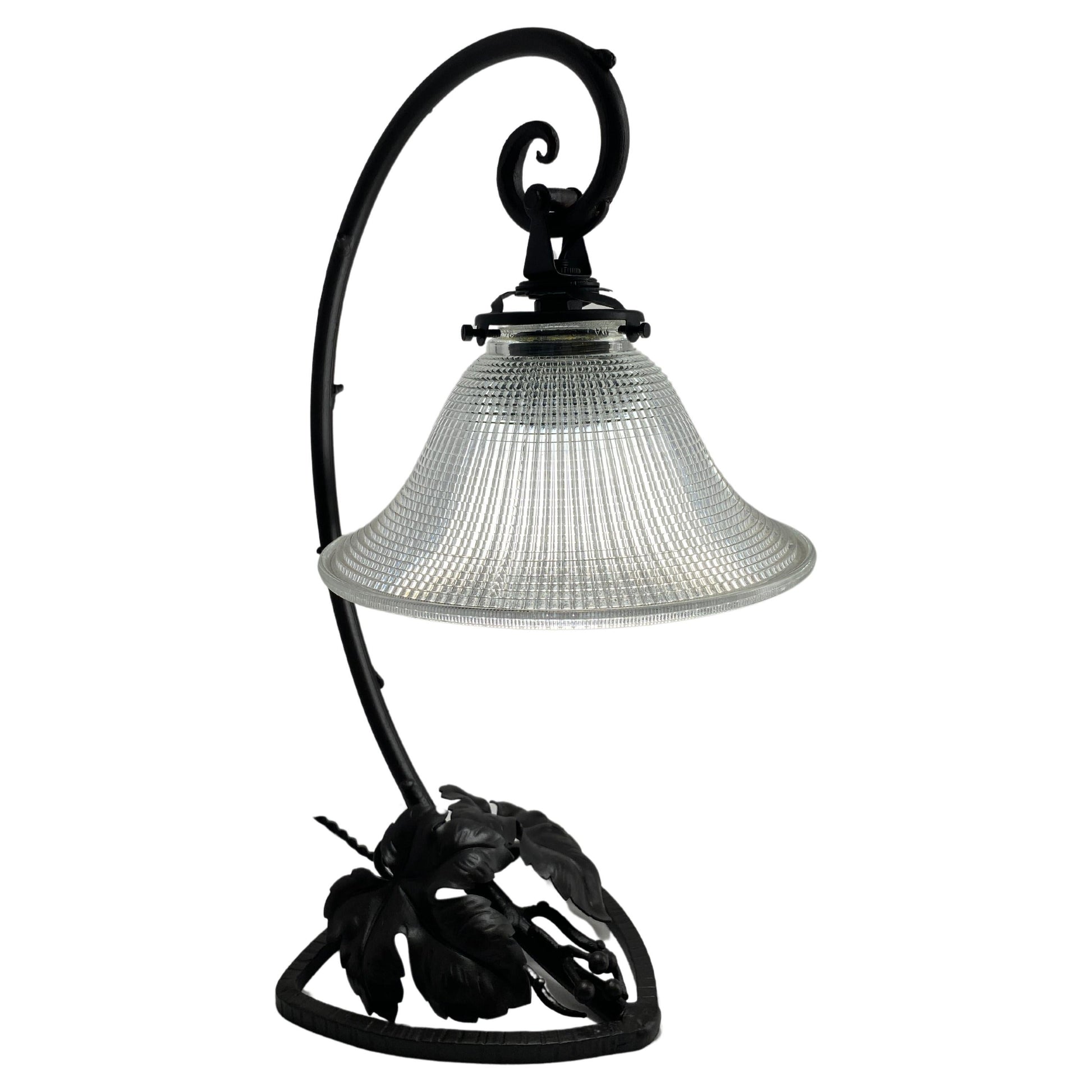 French Art Deco Forged Iron Table Lamp With Glass Shade