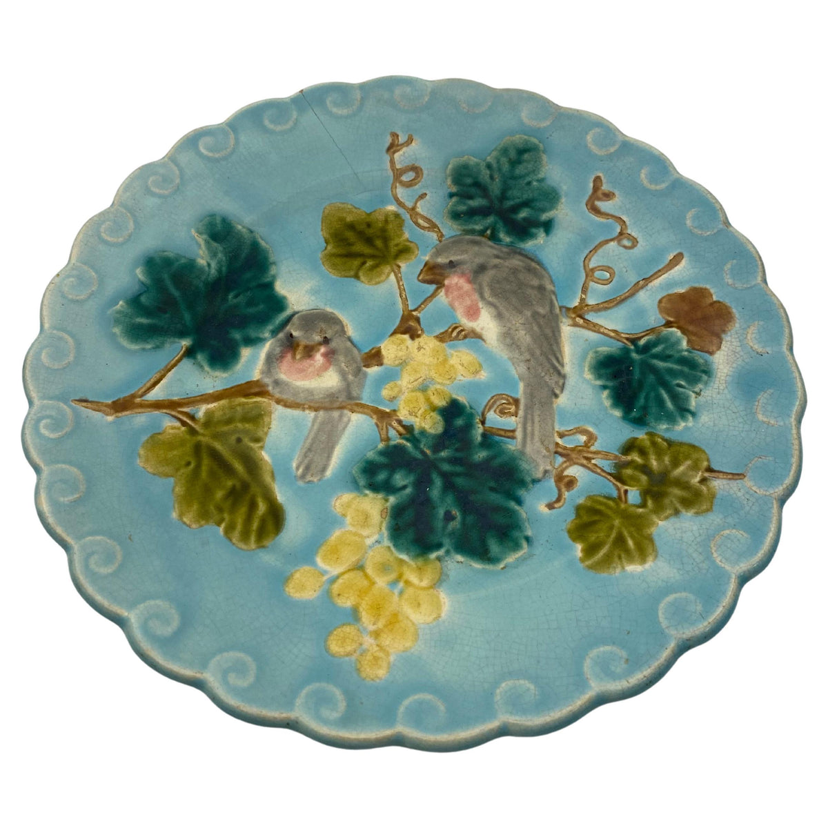 19th Century French Majolica Plate with Birds and Grapes, Turquoise Glaze