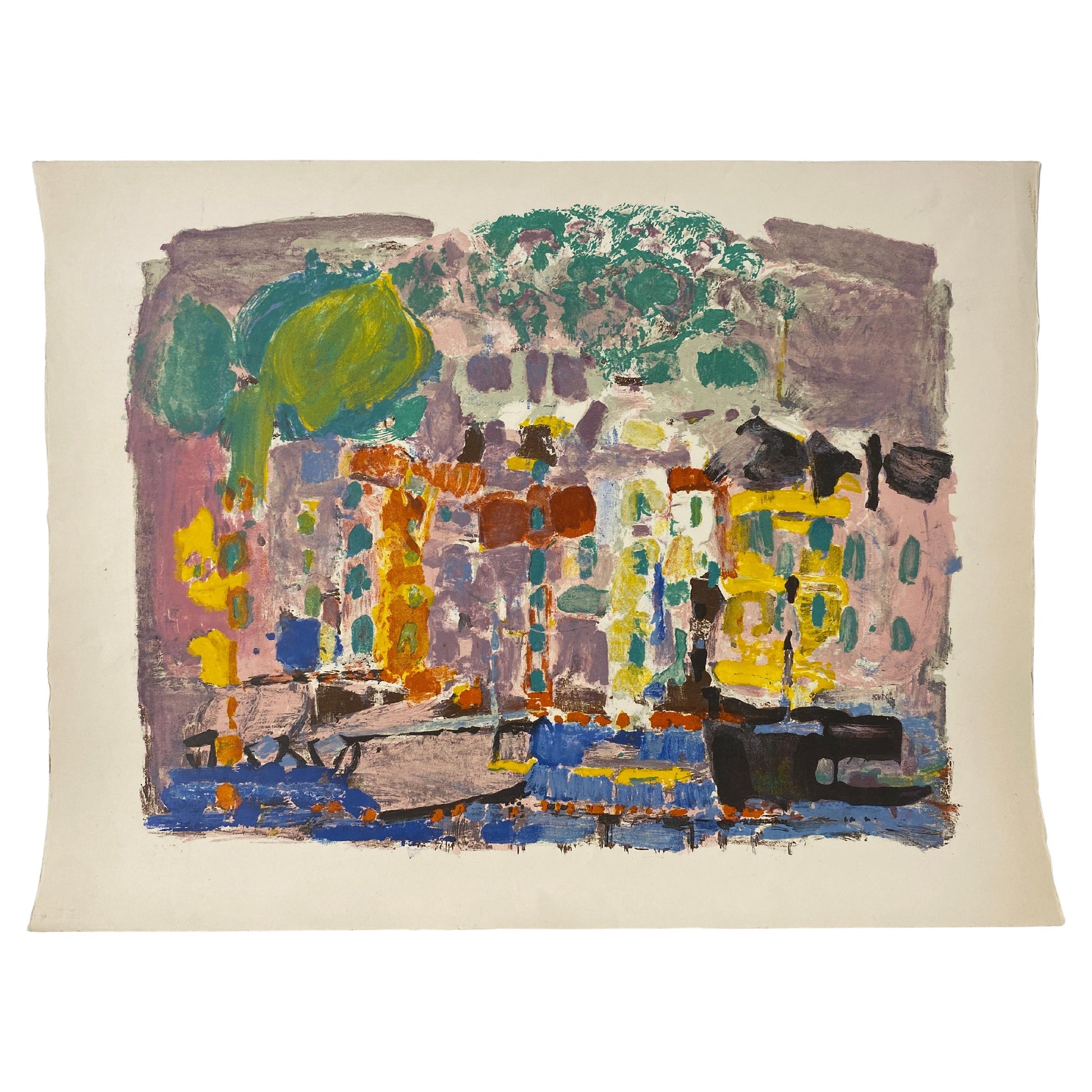 French Harbor Scene Color Lithograph by Jacques Yankel