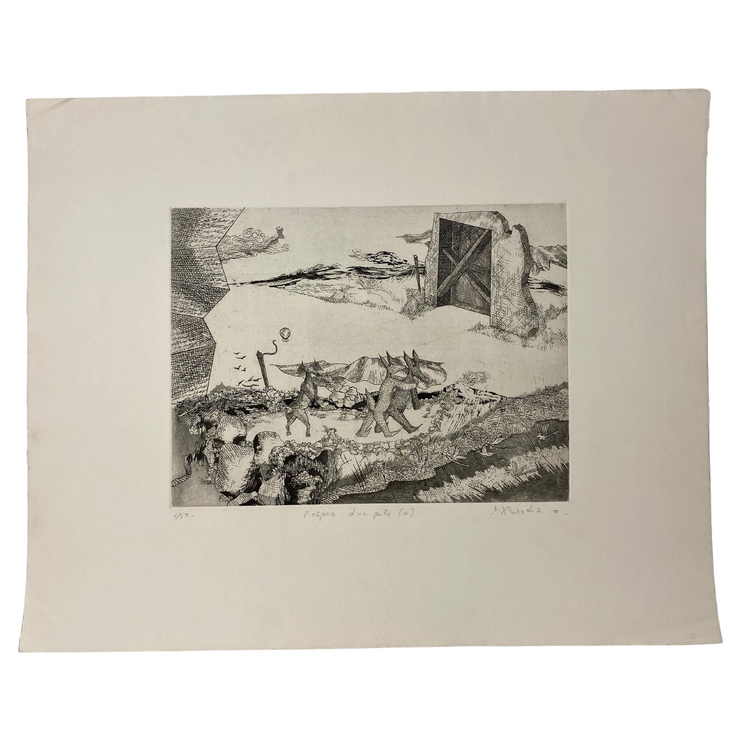Original French Surrealist Engraving Print titled "l'espace d'un pitre #1/50