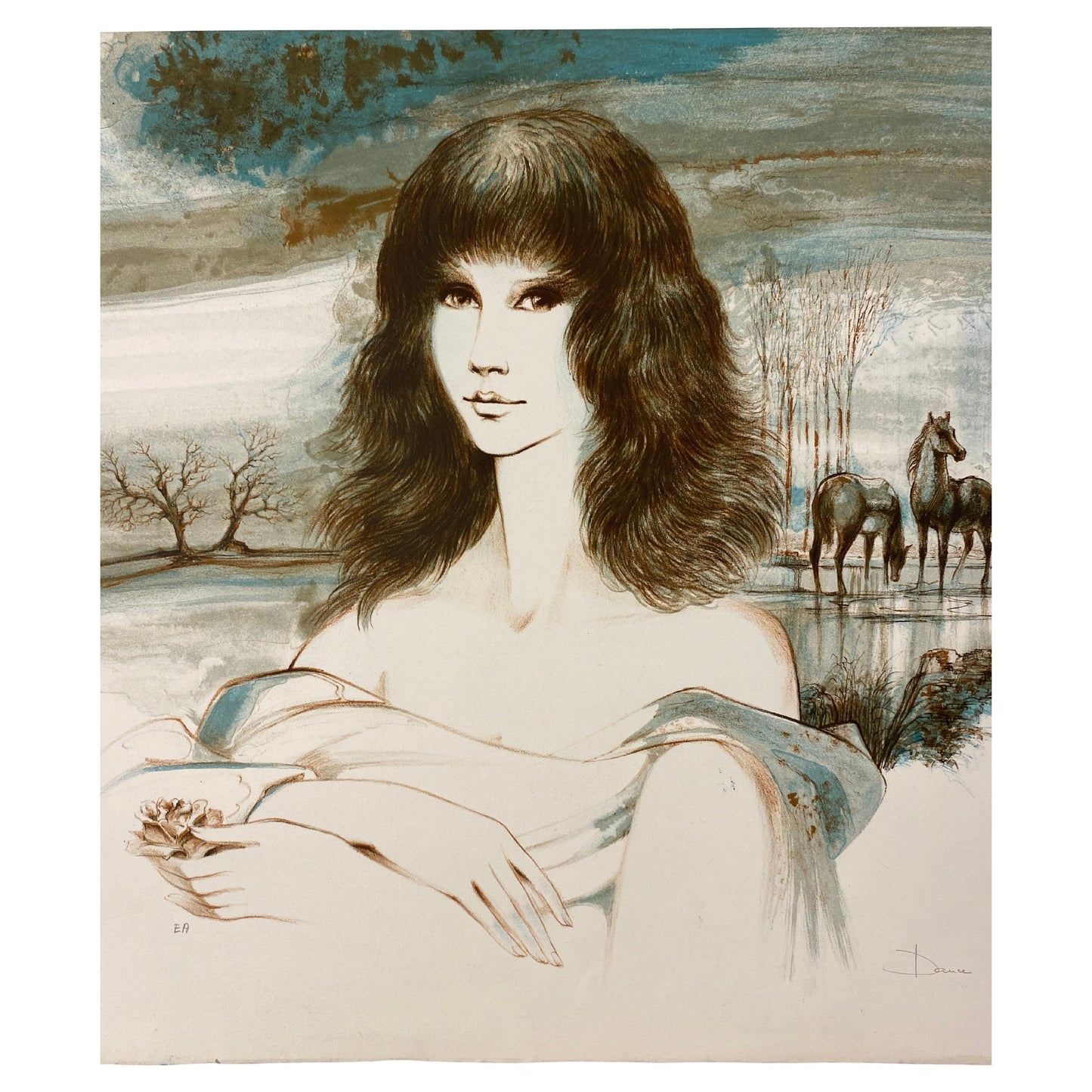 Original French Artist Proof Woman with Horses, Signed Dauce
