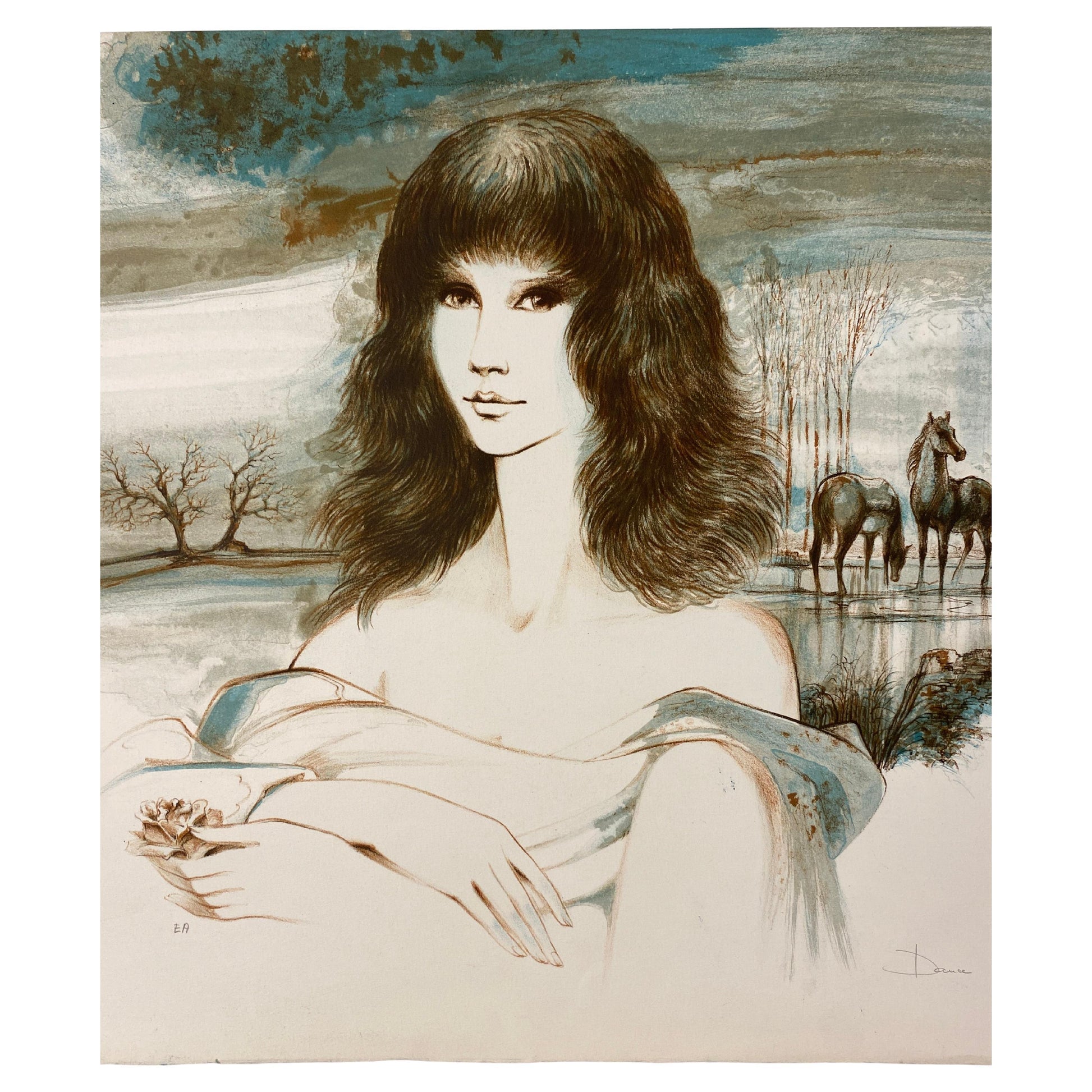 Original French Artist Proof Woman with Horses, Signed Dauce
