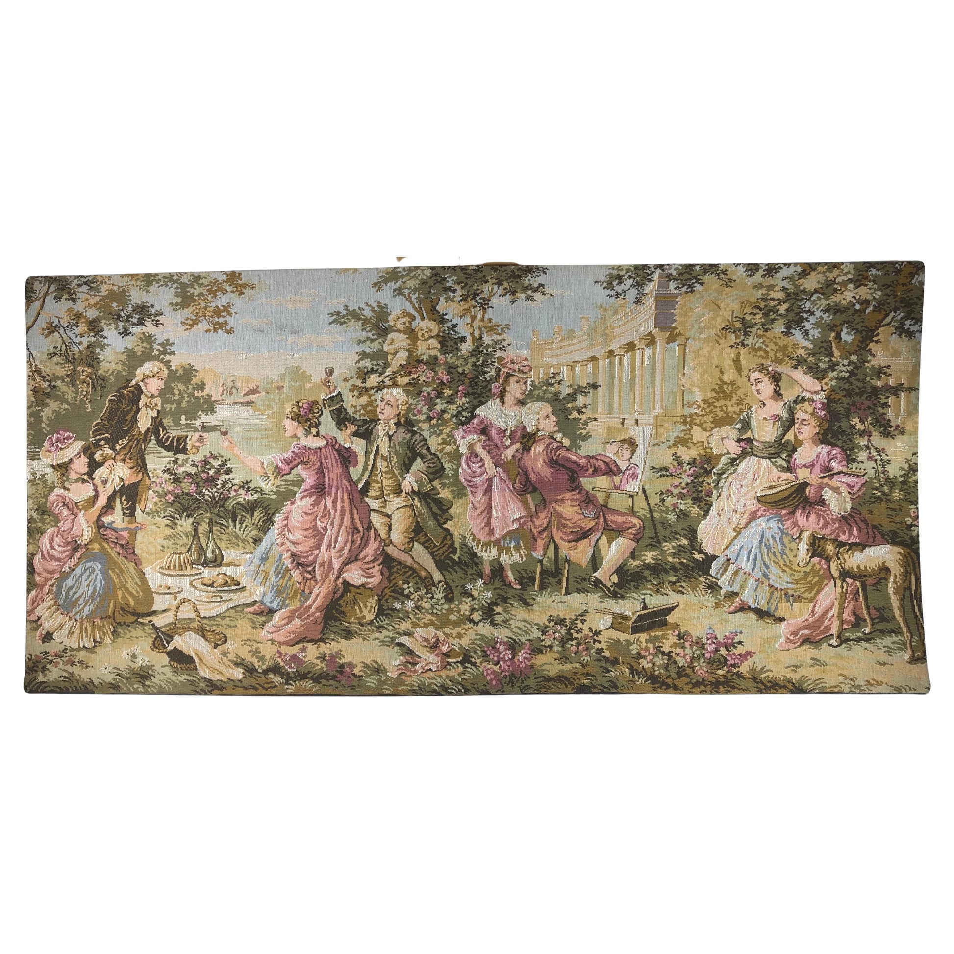 Large French Aubusson Jacquard Tapestry depicting a Pastoral and Romantic Scene