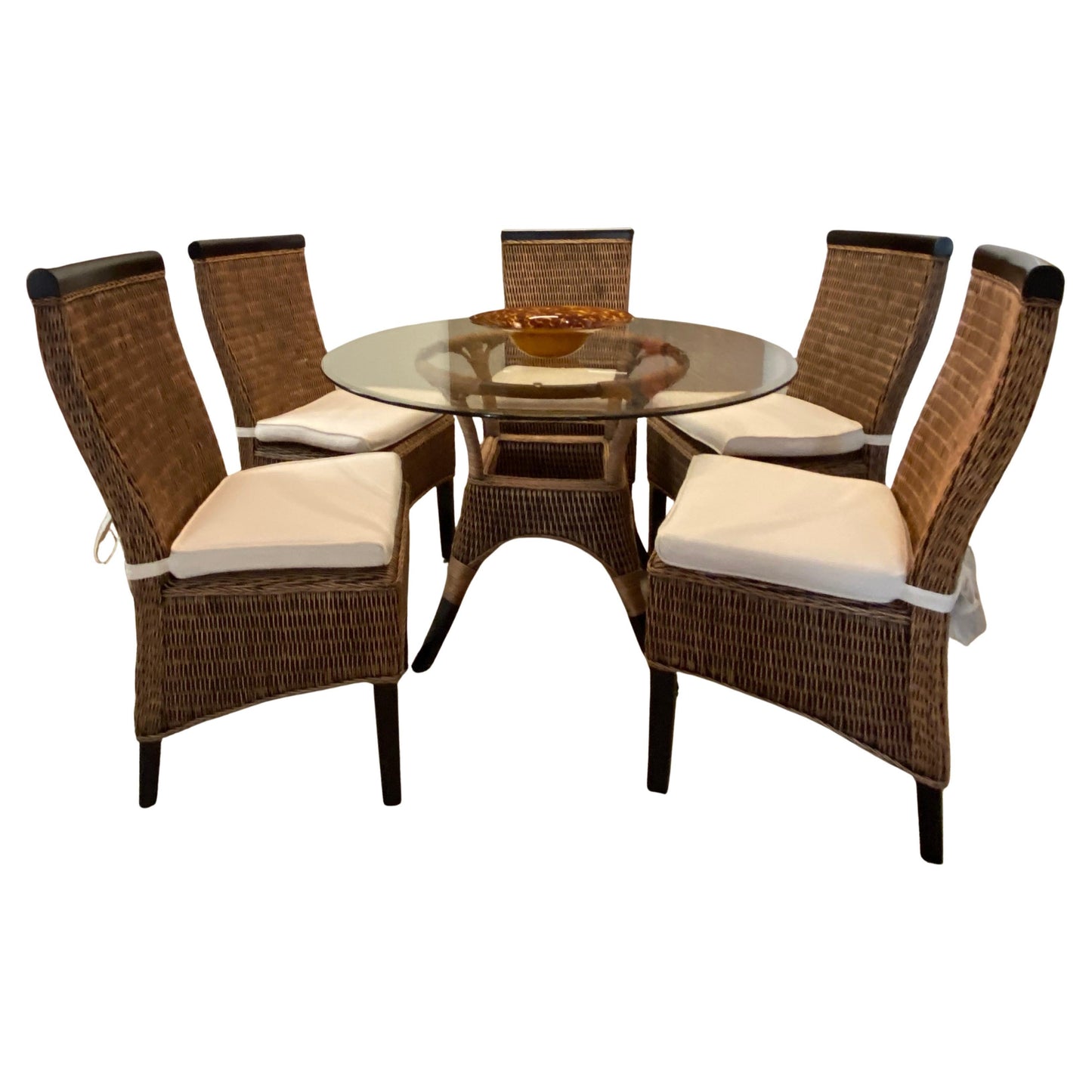 Rattan Patio Furniture Set, Glass Top Table and 5 Chair Set, Wicker Dining Set