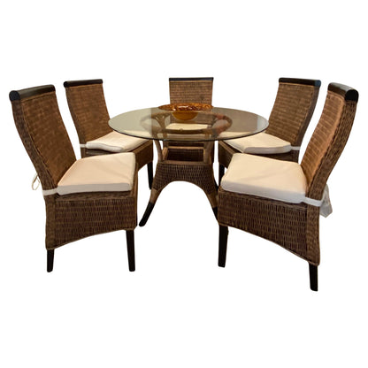 Rattan Patio Furniture Set, Glass Top Table and 5 Chair Set, Wicker Dining Set