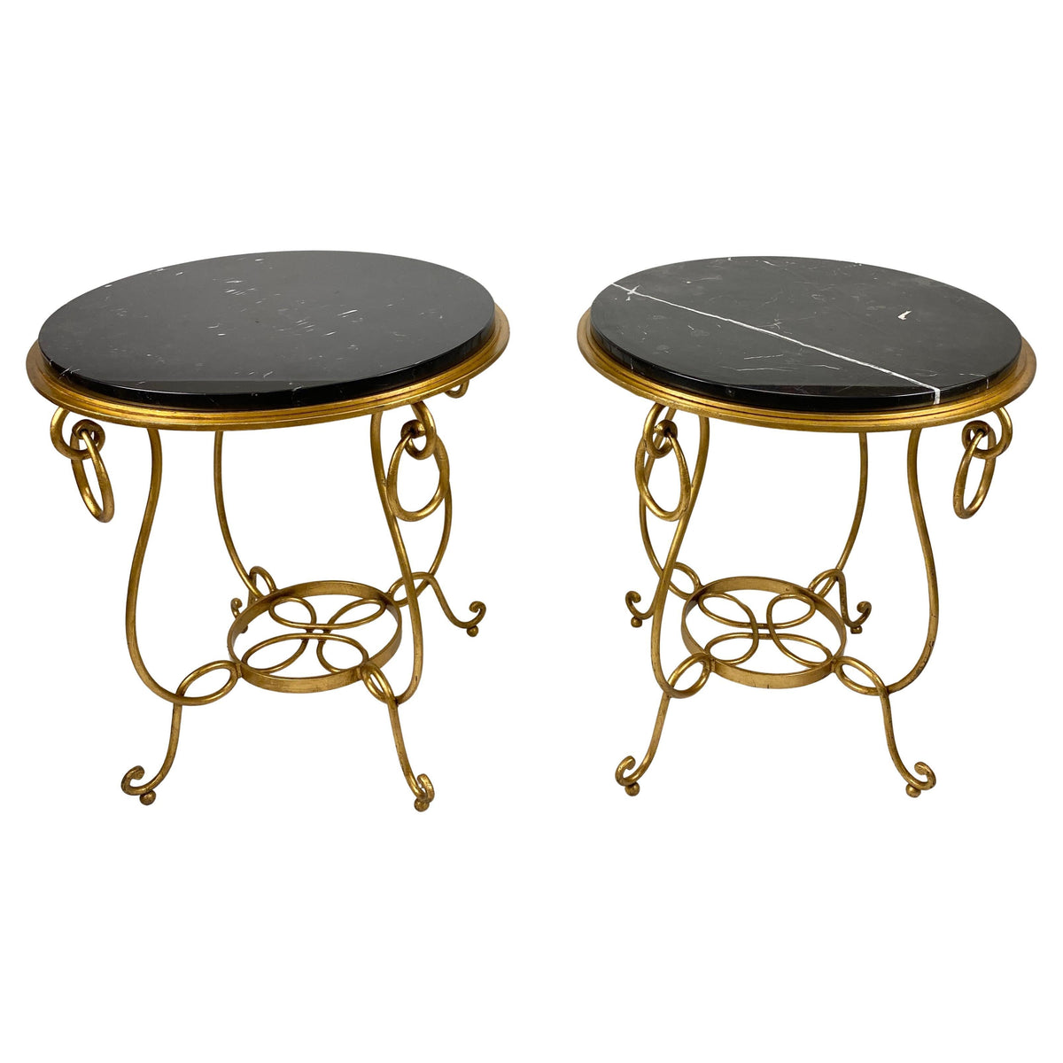 Pair of Rene Drouet Style Marble and Gilded Iron Side Tables