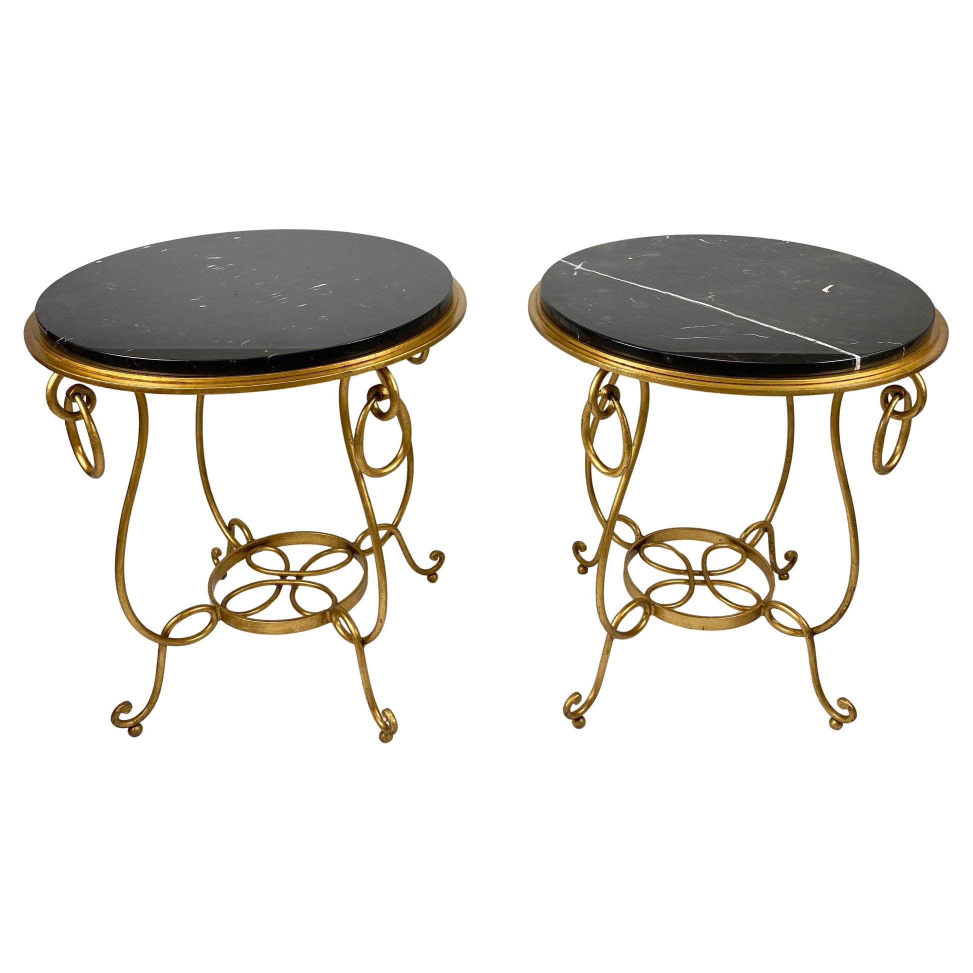 Pair of Rene Drouet Style Marble and Gilded Iron Side Tables