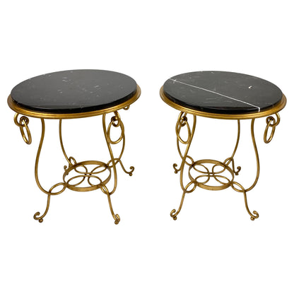 Pair of Rene Drouet Style Marble and Gilded Iron Side Tables
