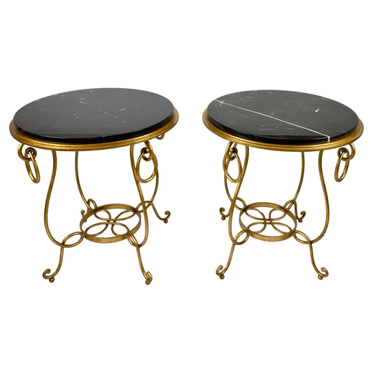 Pair of Rene Drouet Style Marble and Gilded Iron Side Tables