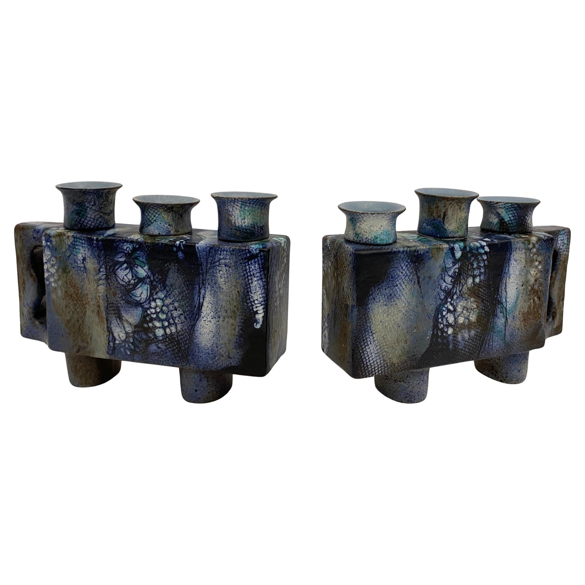 Pair of French Mid Century Modern Ceramic Candle Holders signed ONET