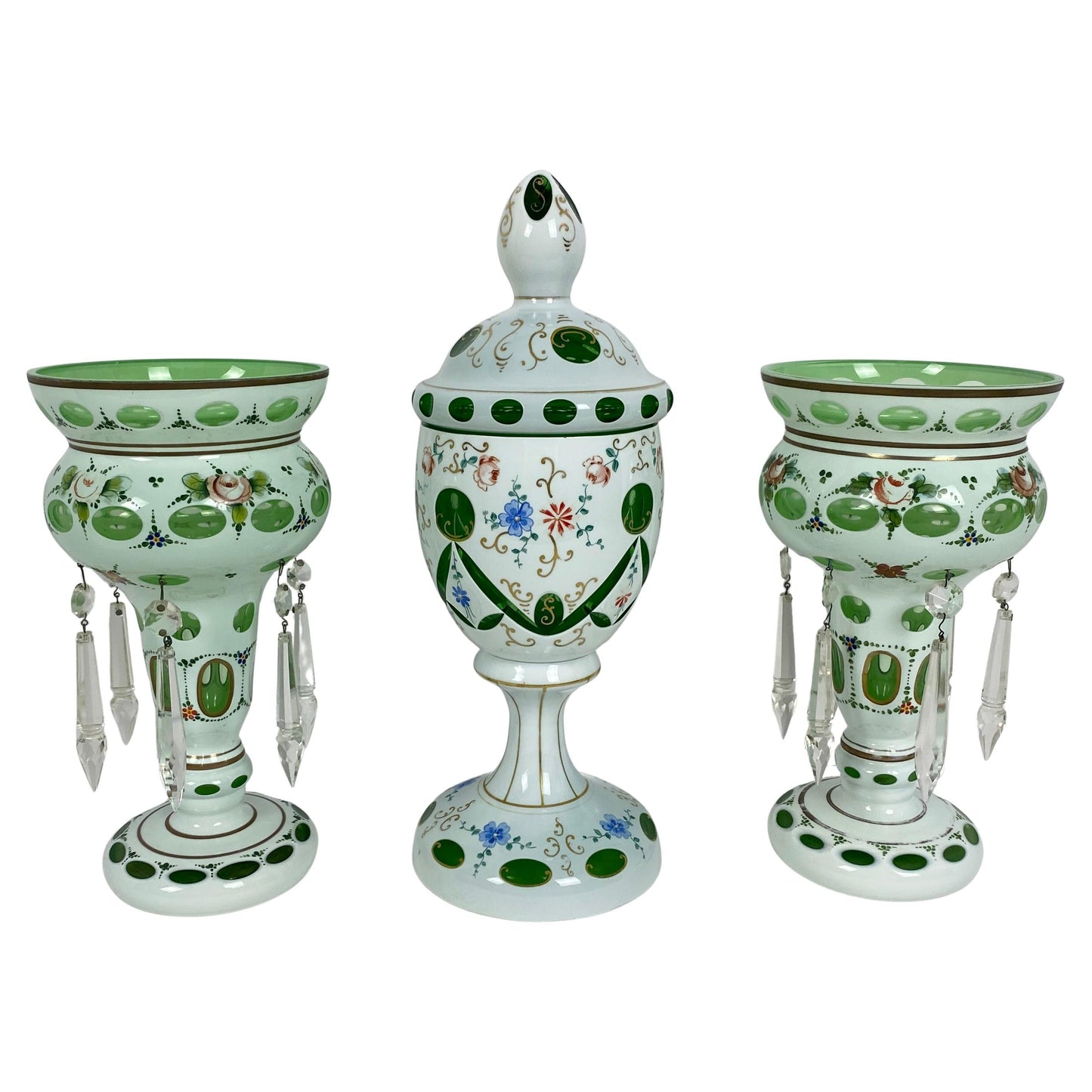 Bohemian Czech Glass Pottery, Set of 3 Green & White Decorative Objects