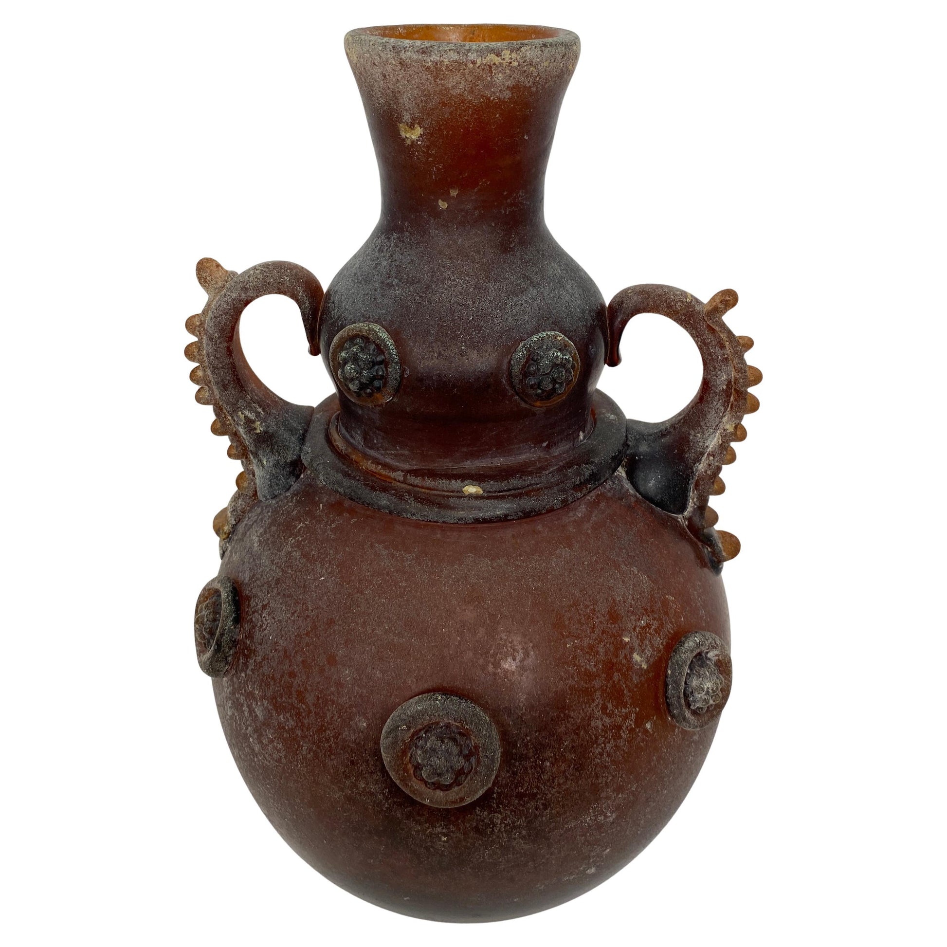 Art Deco Murano Art Glass Vase, Roman Revival Scavo Amphora with Applied Handles