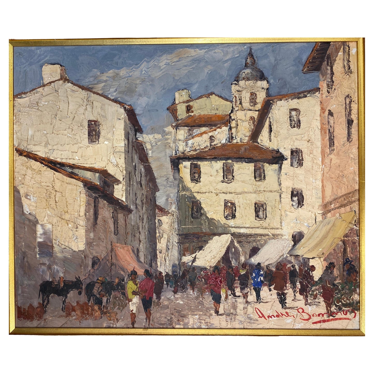 French Village Scene, Oil on Canvas Painting Village in France — detail 2