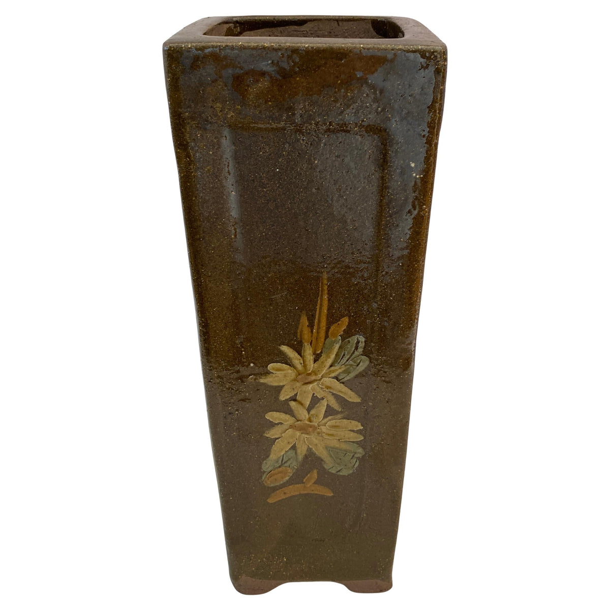 Tall Midcentury Ceramic Flower Vase or Planter Green and Brown, Umbrella Stand