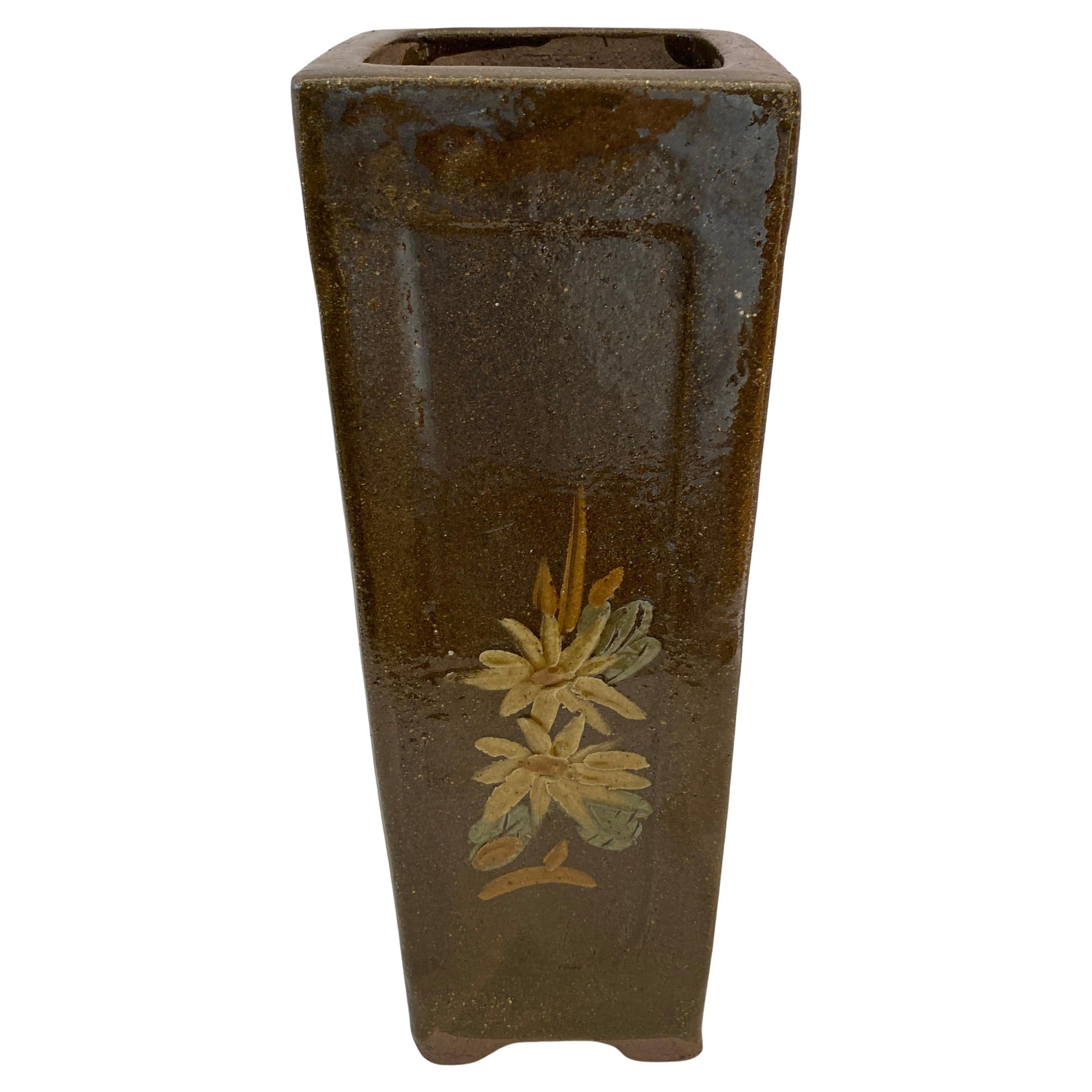 Tall Midcentury Ceramic Flower Vase or Planter Green and Brown, Umbrella Stand