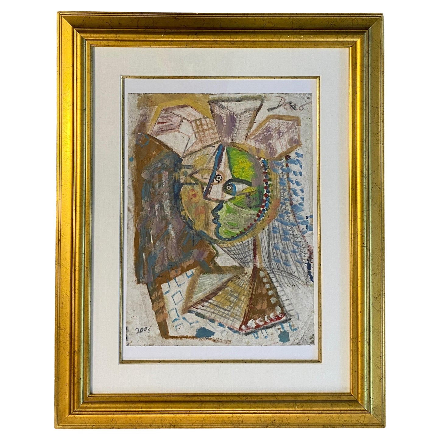 Large French Cubist Abstract Painting, Manner of Picasso, Framed Mixed-Media