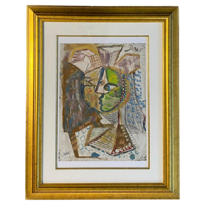 Large French Cubist Abstract Painting, Manner of Picasso, Framed Mixed-Media