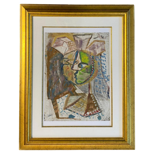 Large French Cubist Abstract Painting, Manner of Picasso, Framed Mixed-Media