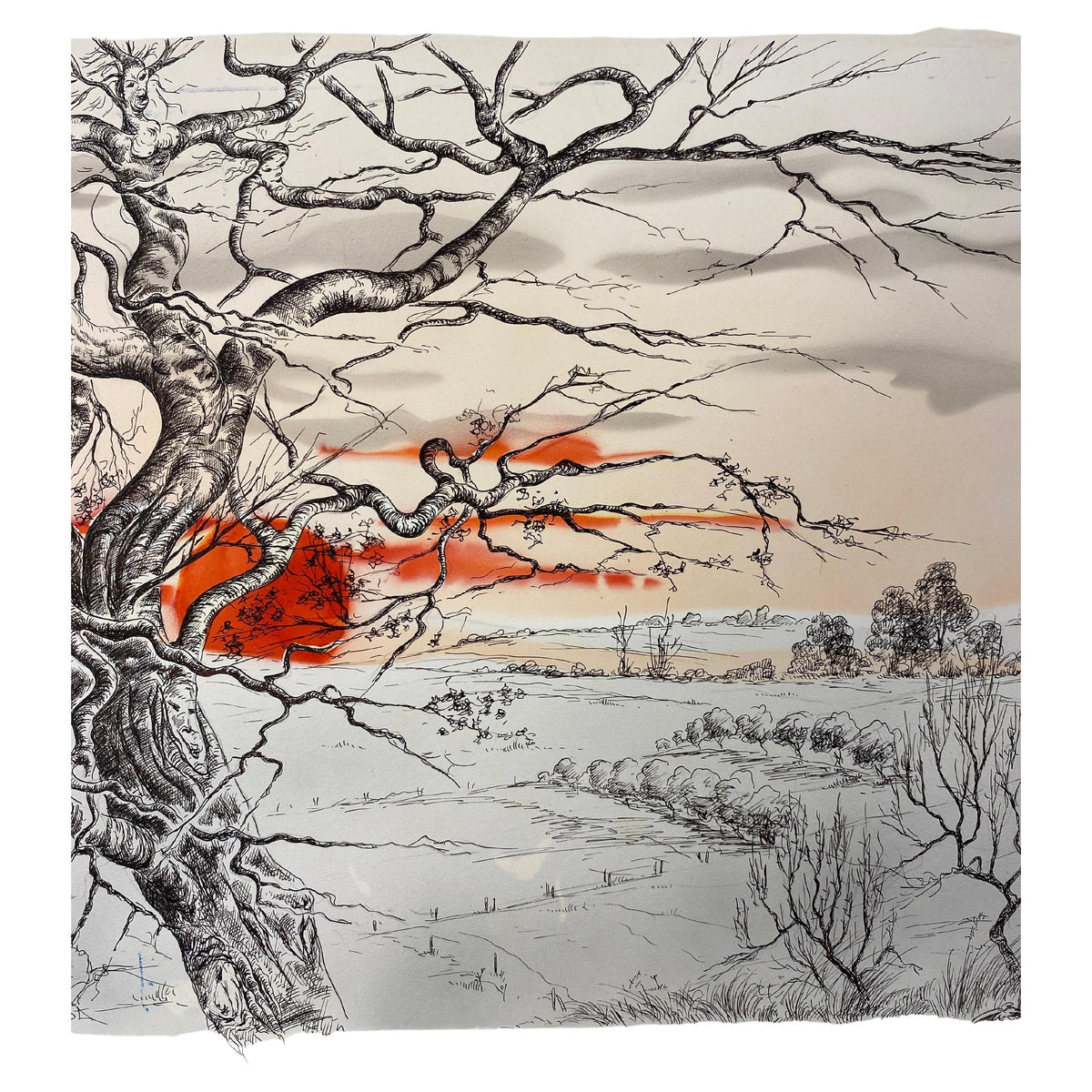 Surrealist Landscape Drawing with Tree and Sunset, Signed Mid-Century Modern Ink — detail 2