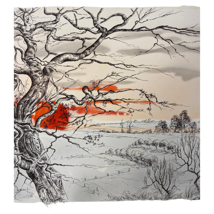 Surrealist Landscape Drawing with Tree and Sunset, Signed Mid-Century Modern Ink — detail 2