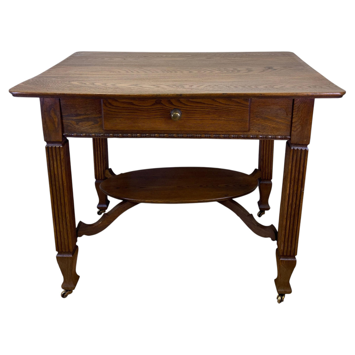 Elegant Vintage Oak Side Table with Drawer & Lower Shelf – Classic Fluted Legs