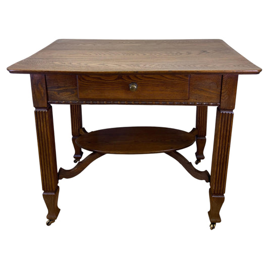 Elegant Vintage Oak Side Table with Drawer & Lower Shelf – Classic Fluted Legs