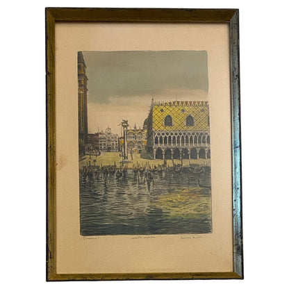 Impressive Colored Etching Venice Italy Doges Palace manner of Canaletto, Signed