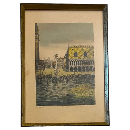 Impressive Colored Etching Venice Italy Doges Palace manner of Canaletto, Signed