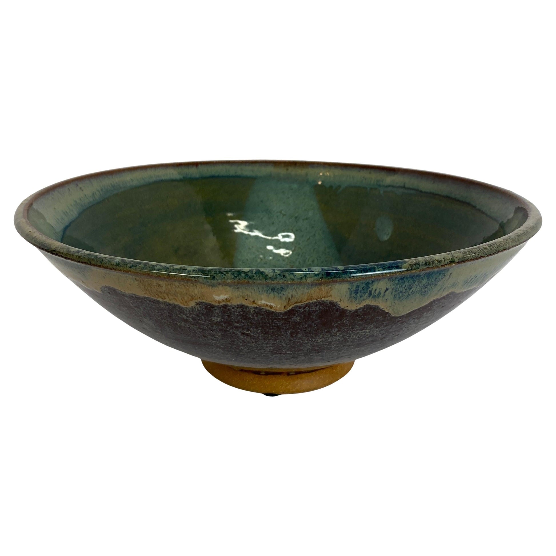Blue Glazed Pottery Bowl Signed Lauren Vanni, Mid-Century Handmade Ceramic Bowl