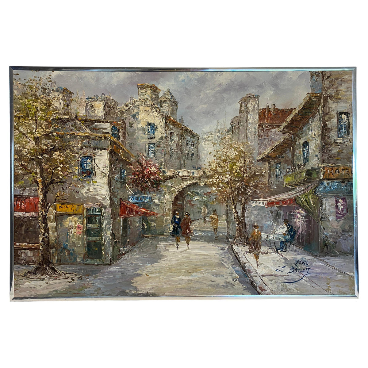 Louis Basset Paris Montmartre Street Scene Oil Painting, Café Terrace, Framed