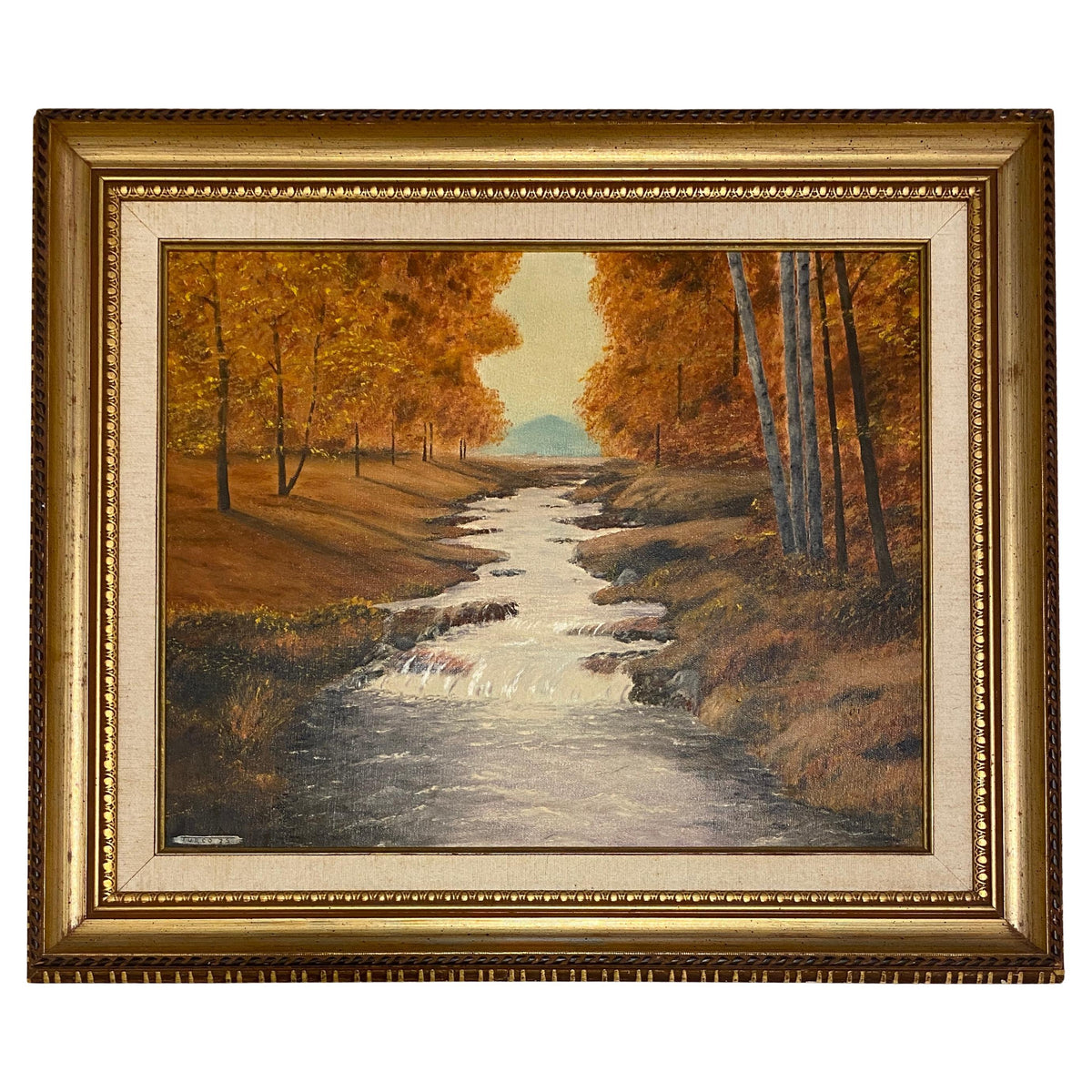 Autumn River Landscape Oil Painting by A. Klosner, Framed Mid-Century Impression