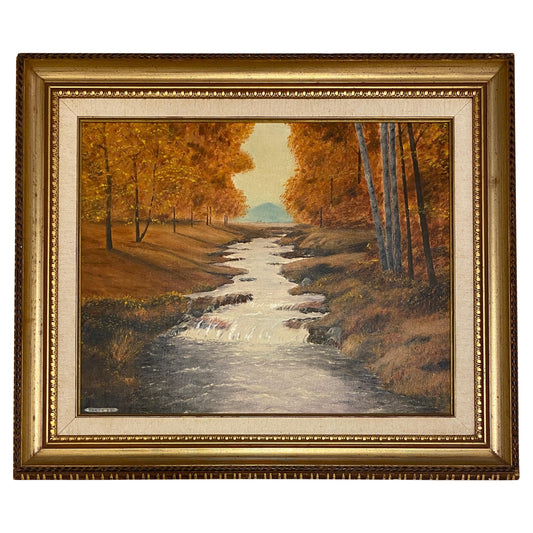 Autumn River Landscape Oil Painting by A. Klosner, Framed Mid-Century Impression