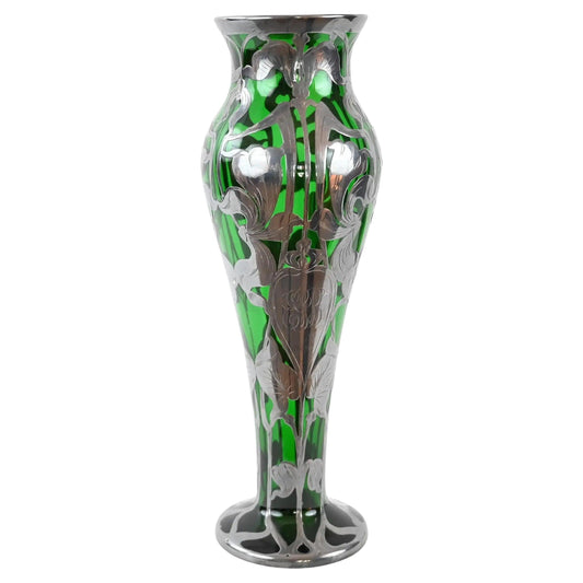 Loetz “Titania” Art Nouveau Green Iridescent Glass Vase with Silver Overlay