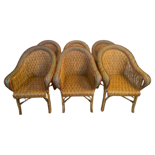 Set of Six Multi-Colored Wicker Armchairs, Vintage Ficks Reed Design, Rattan